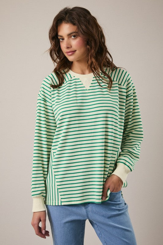 Stripe Crewneck Thermal Top- Green - Ana Patricia Boutique