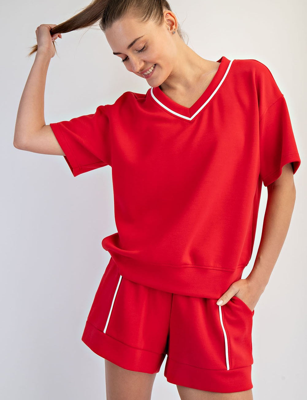V Neck Piping Top- Red - Ana Patricia Boutique