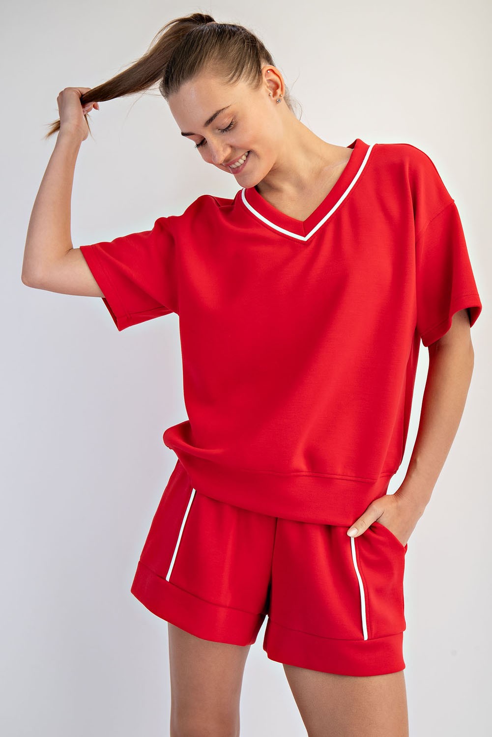 V Neck Piping Top- Red - Ana Patricia Boutique