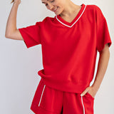 V Neck Piping Top- Red - Ana Patricia Boutique