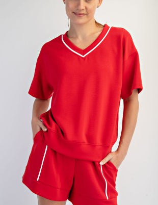 V Neck Piping Top- Red - Ana Patricia Boutique