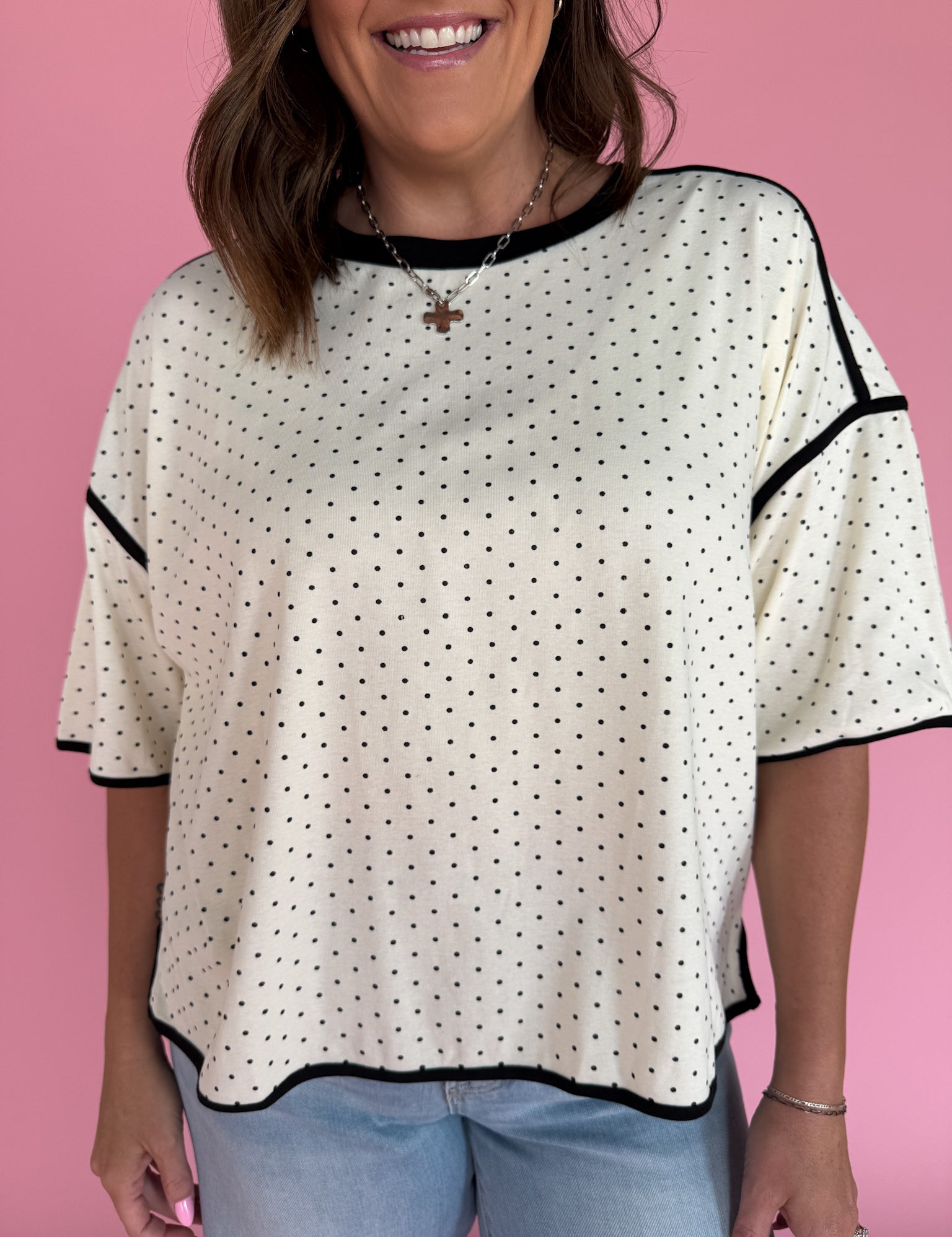 Polka Dot Exposed Hem Tee-Cream - Ana Patricia Boutique