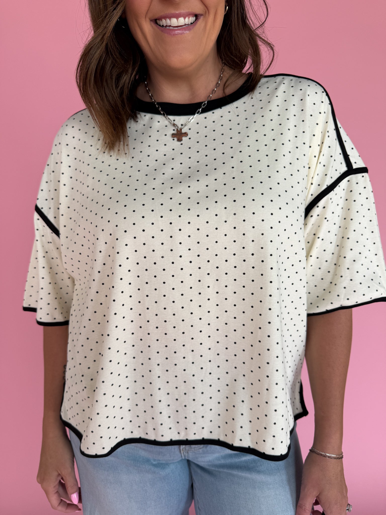 Polka Dot Exposed Hem Tee-Cream - Ana Patricia Boutique