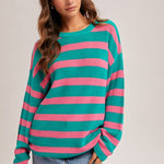 Scoop Neck Stripe Top- Teal/Pink - Ana Patricia Boutique