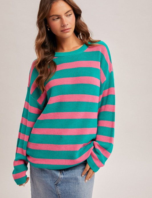 Scoop Neck Stripe Top- Teal/Pink - Ana Patricia Boutique
