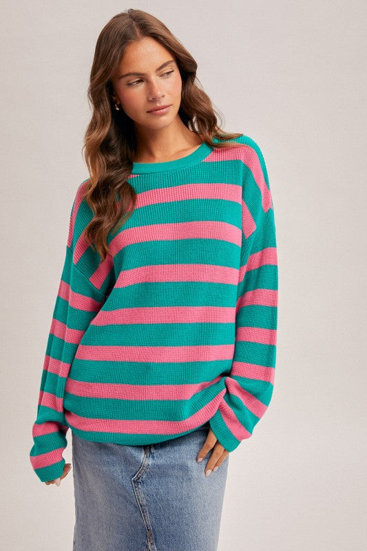 Scoop Neck Stripe Top- Teal/Pink - Ana Patricia Boutique