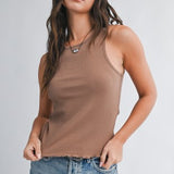 Ribbed Scoop Neck Tank- Brown