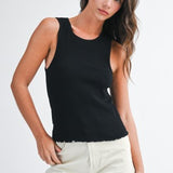 Ribbed Scoop Neck Tank- Black