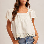 Embroidery Flutter Sleeve Top-White - Ana Patricia Boutique