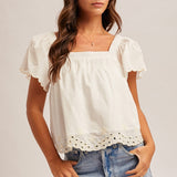 Embroidery Flutter Sleeve Top-White - Ana Patricia Boutique