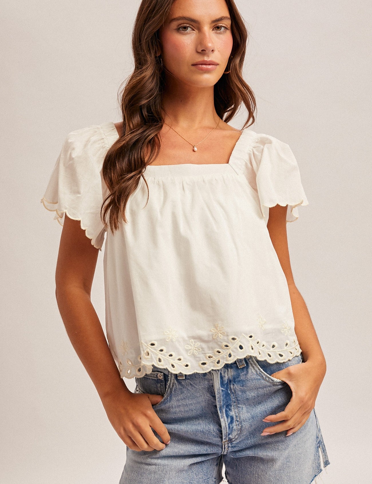Embroidery Flutter Sleeve Top-White - Ana Patricia Boutique