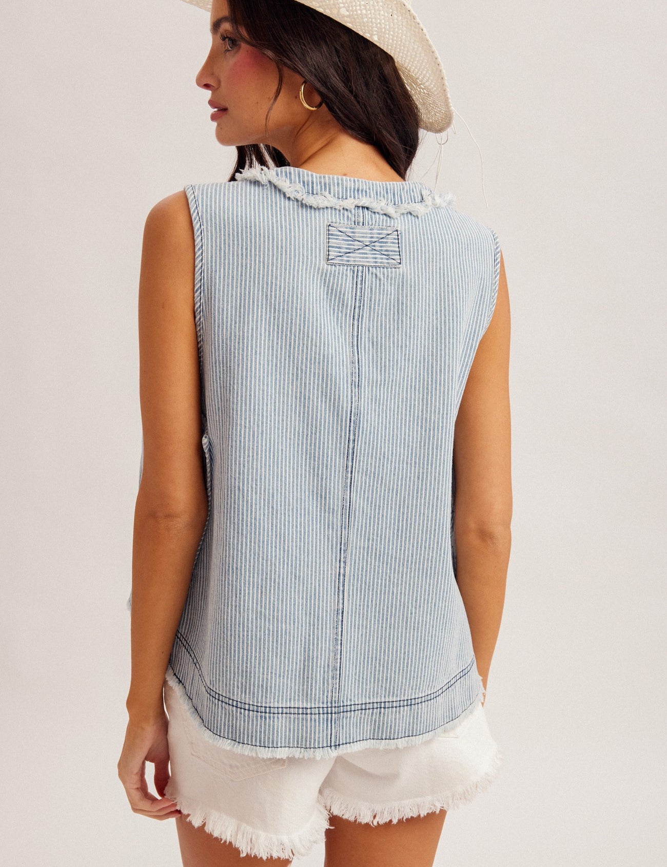 V Neck Pinstripe Denim Top - Ana Patricia Boutique