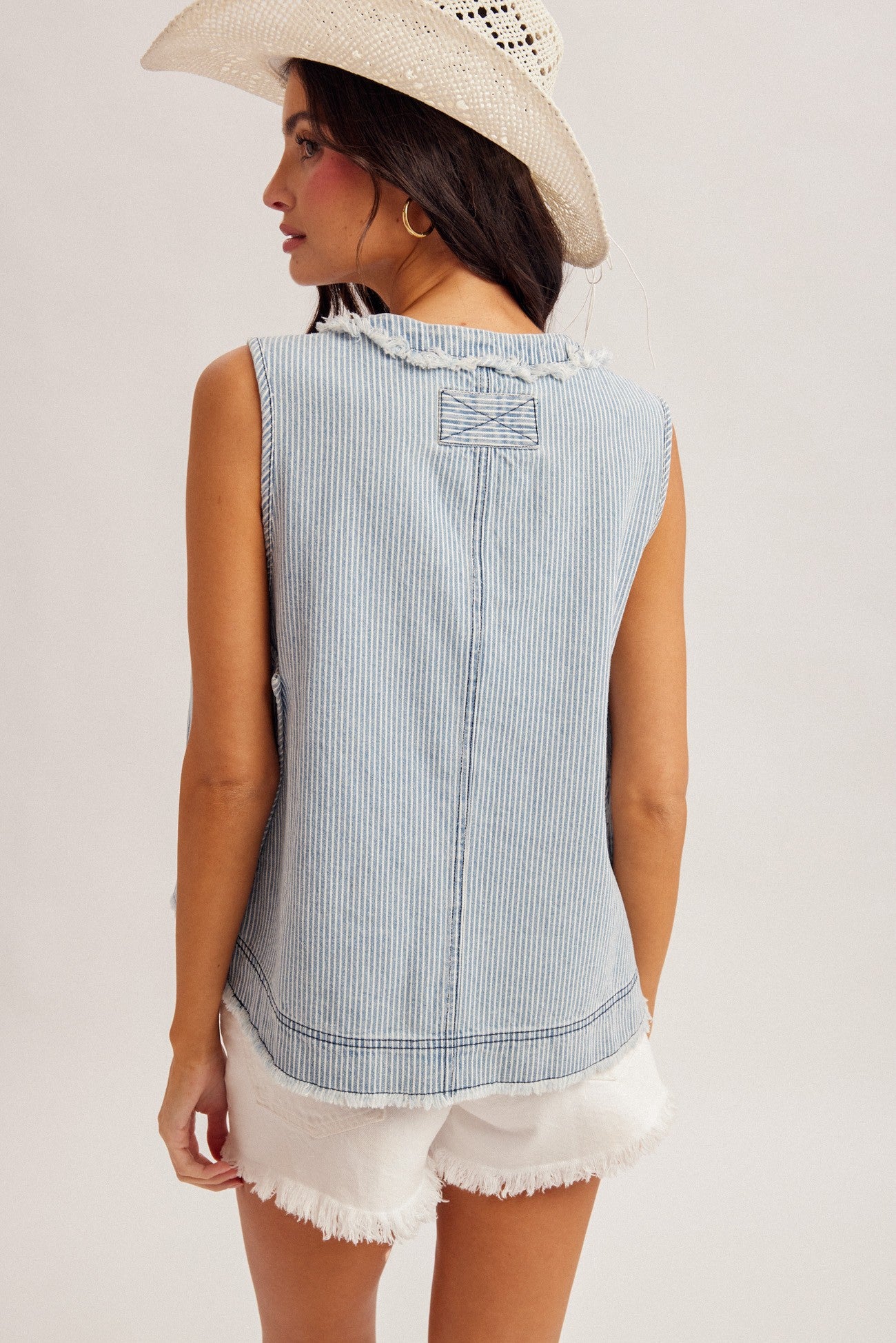 V Neck Pinstripe Denim Top - Ana Patricia Boutique