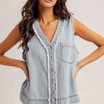 V Neck Pinstripe Denim Top - Ana Patricia Boutique