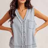 V Neck Pinstripe Denim Top - Ana Patricia Boutique