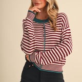 Striped Sweater Cardigan- Wine