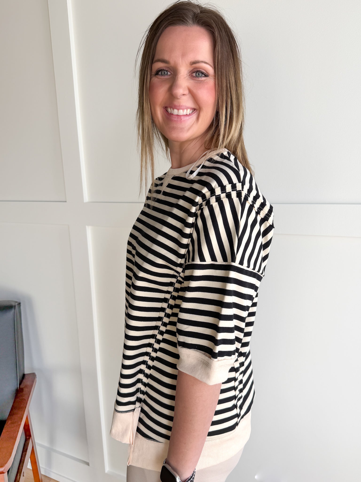 Striped Side Slit Top- Black/Cream - Ana Patricia Boutique