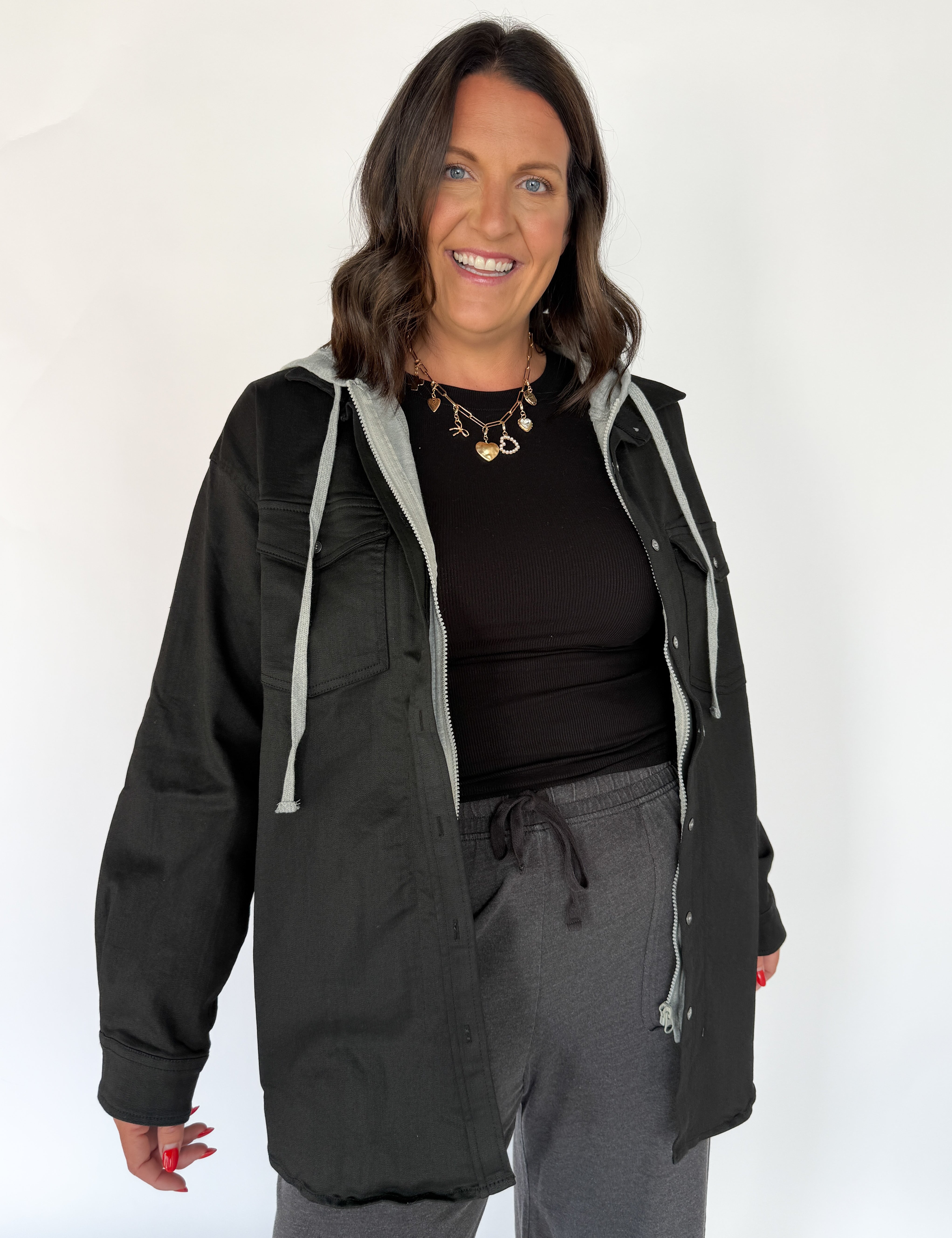 Denim Hoodie Jacket- Black - Ana Patricia Boutique