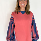 Stripe Sleeve Top- Coral/Navy