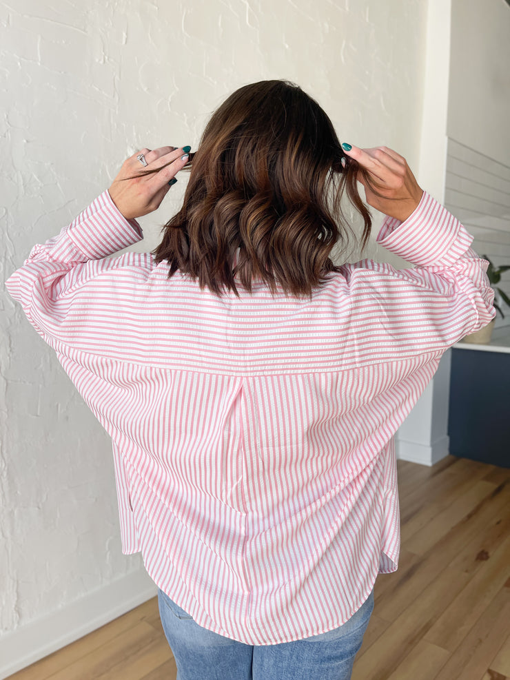 Oversized Stripe Button Up-Pink