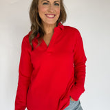 Long Sleeve Henley Top- Red - Ana Patricia Boutique