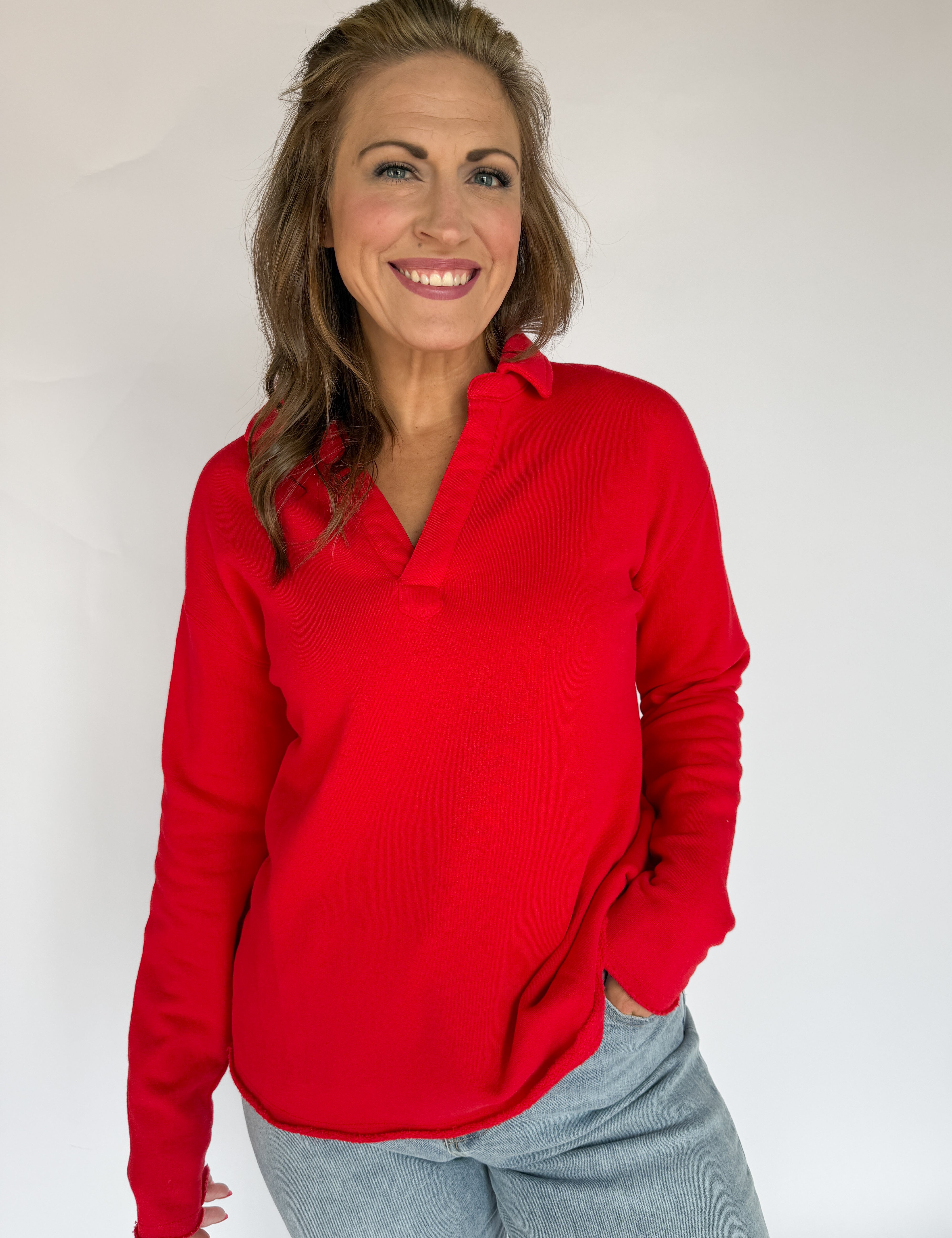 Long Sleeve Henley Top- Red - Ana Patricia Boutique