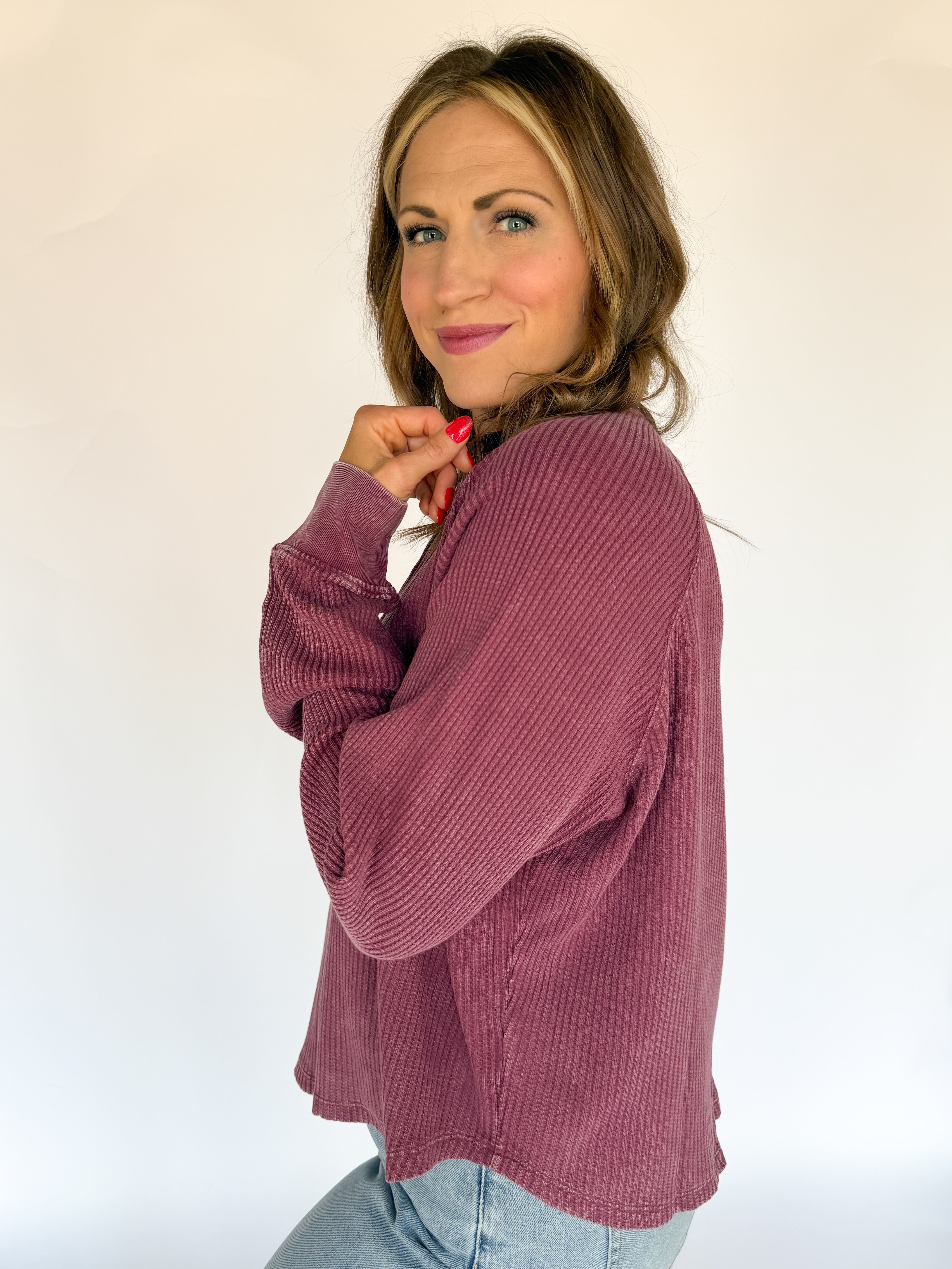 Washed Henley Top- Dk Cherry - Ana Patricia Boutique