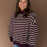 Striped Mock Neck Sweatshirt- Burgundy/Ecru