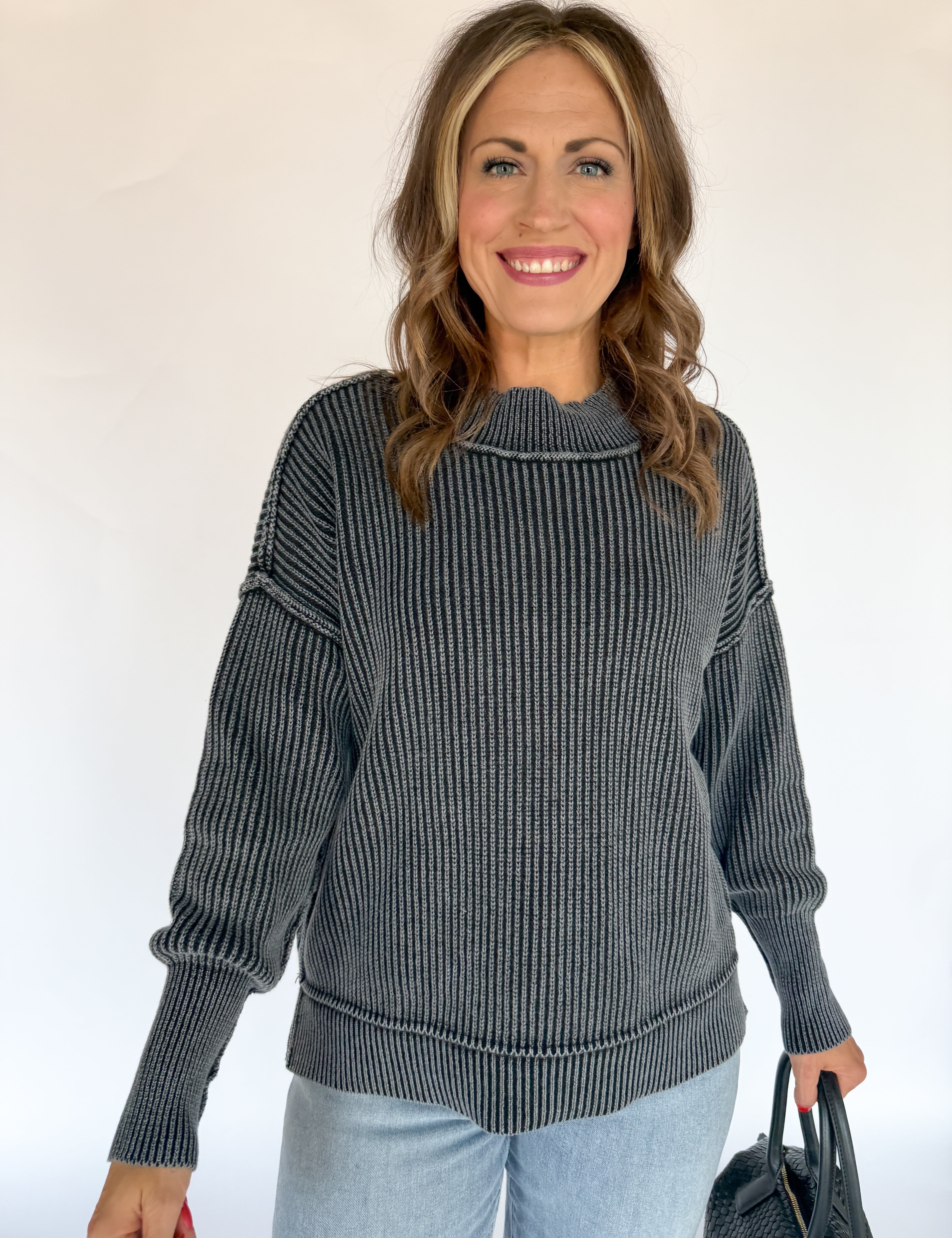 Washed Side Slit Sweater-Black - Ana Patricia Boutique