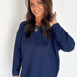 Ribbed Crewneck Top- Navy