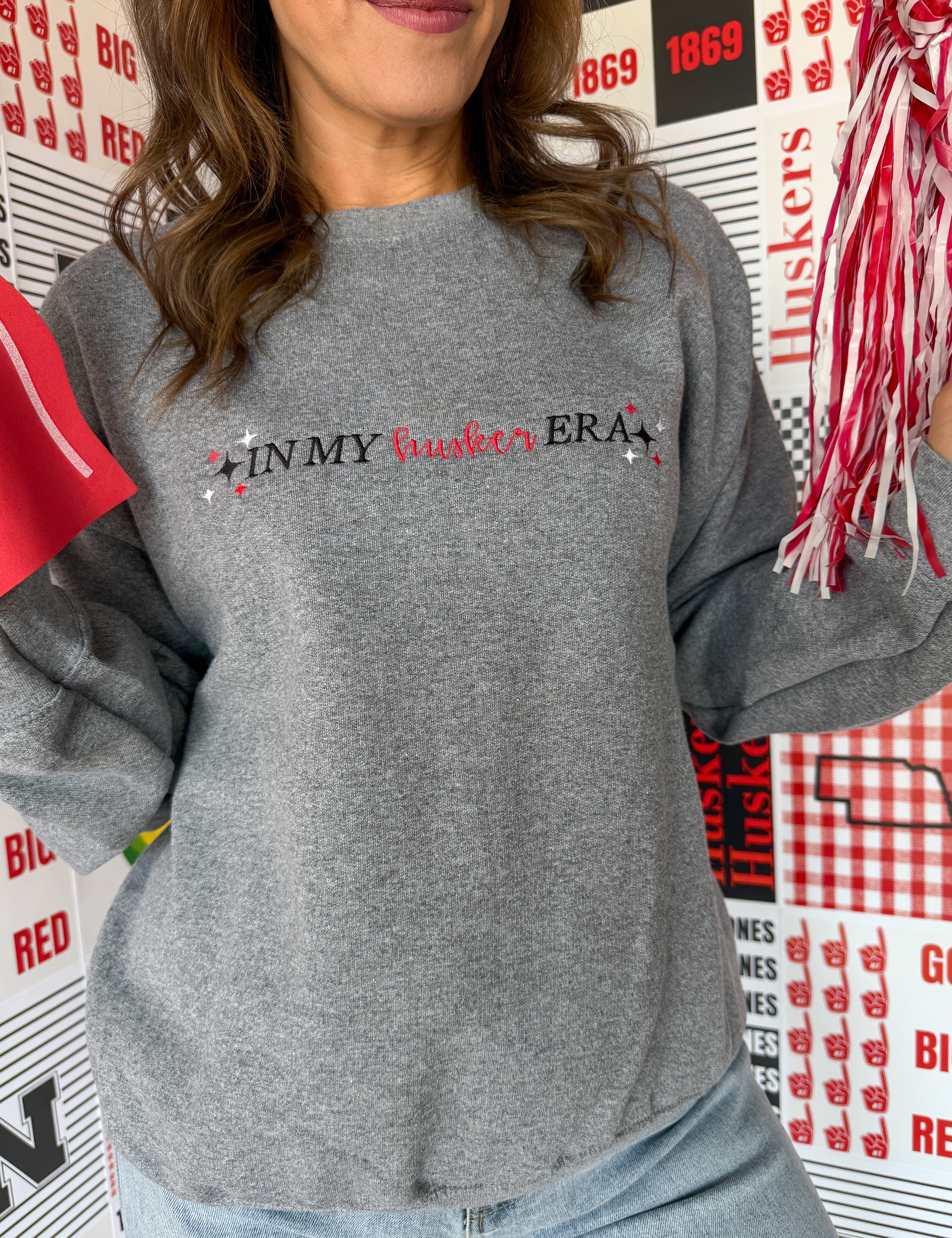 In My Husker Era Crewneck- Grey - Ana Patricia Boutique
