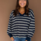 V Neck Striped Top- Navy