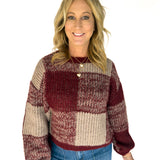 Plaid Crewneck Sweater- Burgundy