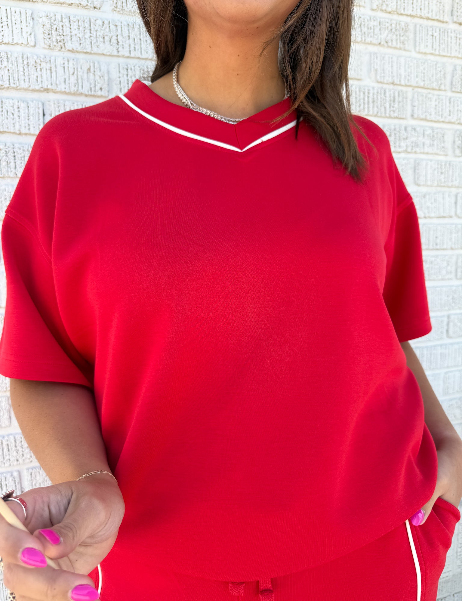 V Neck Piping Top- Red - Ana Patricia Boutique