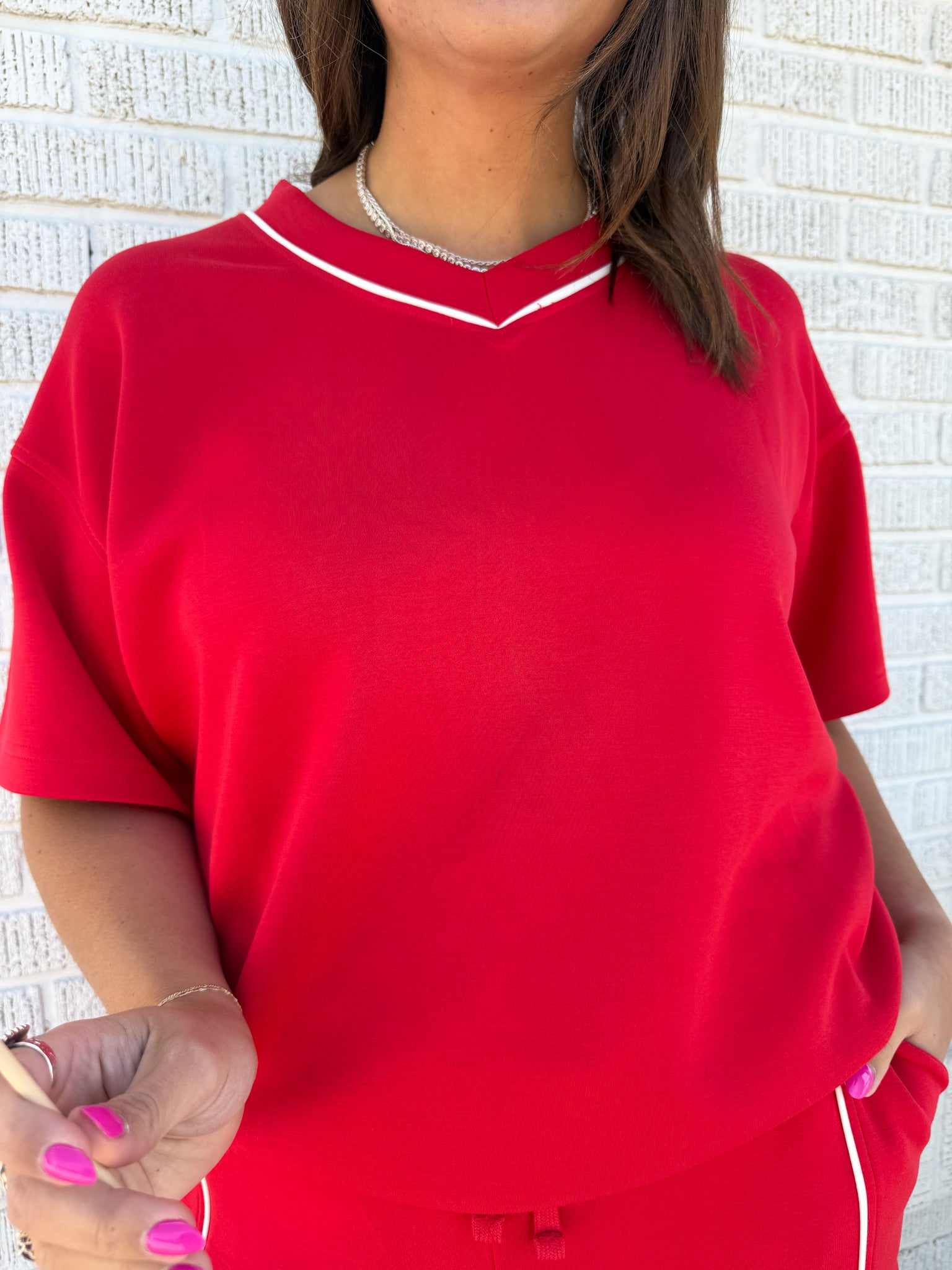 V Neck Piping Top- Red - Ana Patricia Boutique