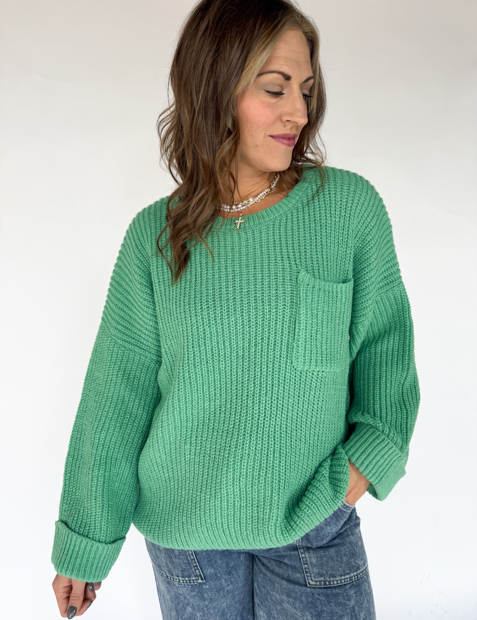Oversized Front Pocket Sweater- Green - Ana Patricia Boutique