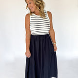 Stripe Mixed Media Dress- Navy/Ivory
