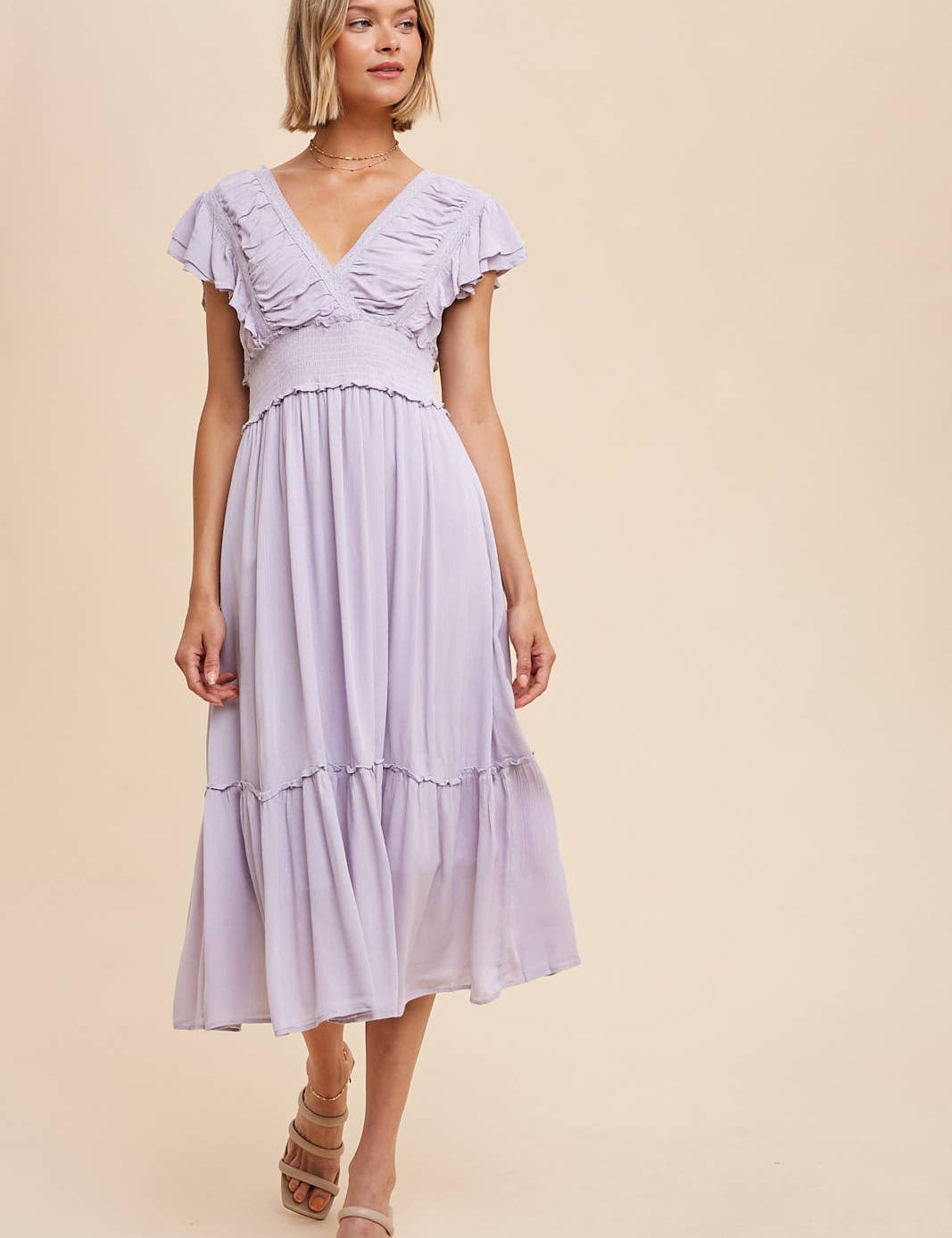Midi Dress with Ruffle Sleeve- Lavender - Ana Patricia Boutique