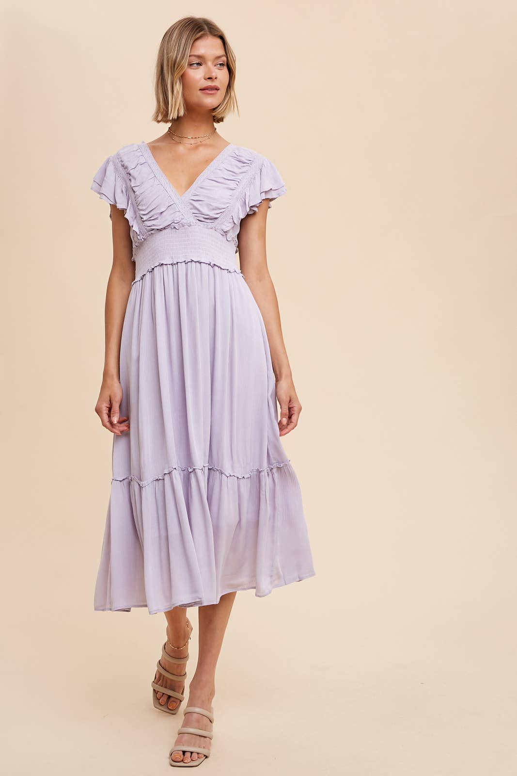 Midi Dress with Ruffle Sleeve- Lavender - Ana Patricia Boutique