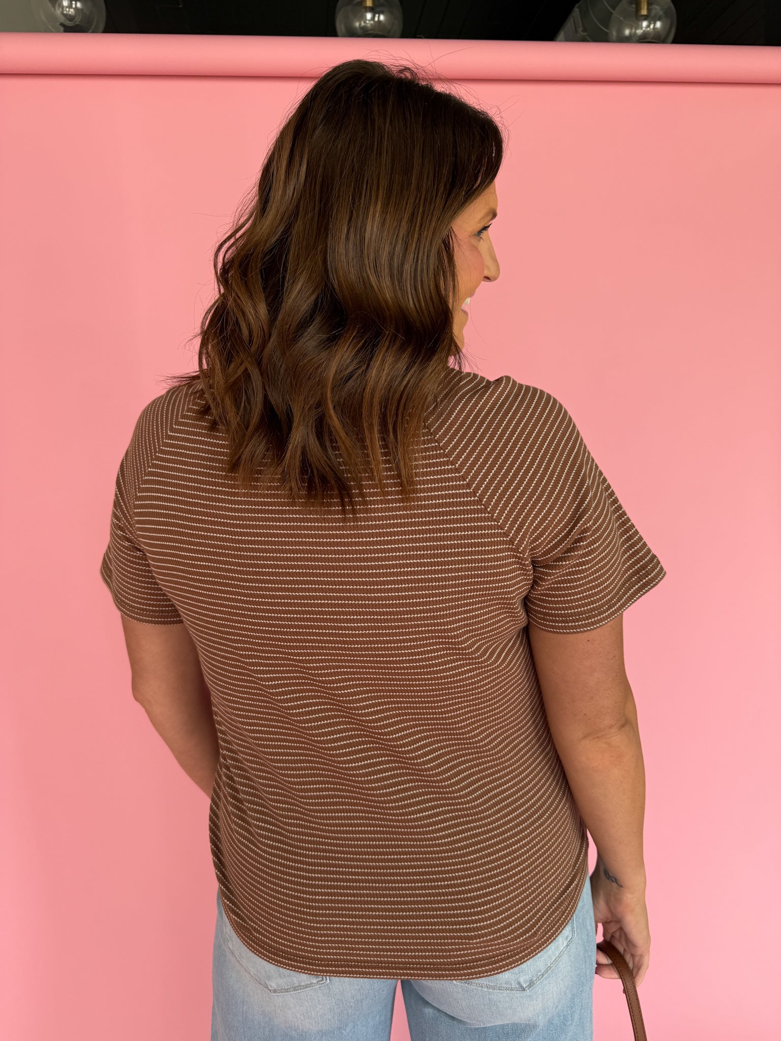 Textured Stripe Tee- Mocha - Ana Patricia Boutique