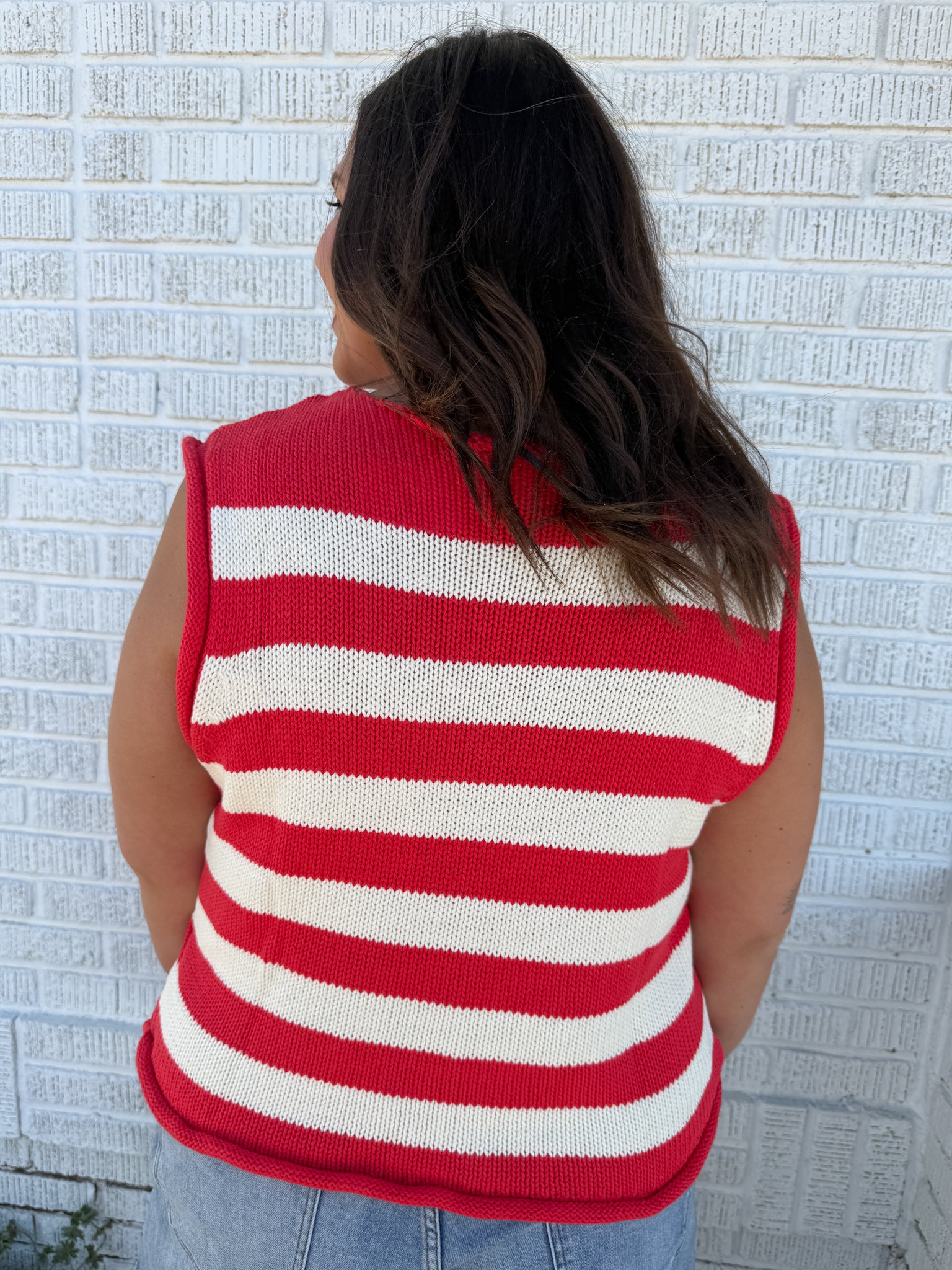 Stripe Button Down Knit Top- Red - Ana Patricia Boutique