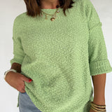Textured 3/4 Sleeve Sweater- Lime