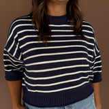 Raw Edge Short Sleeve Sweater- Navy
