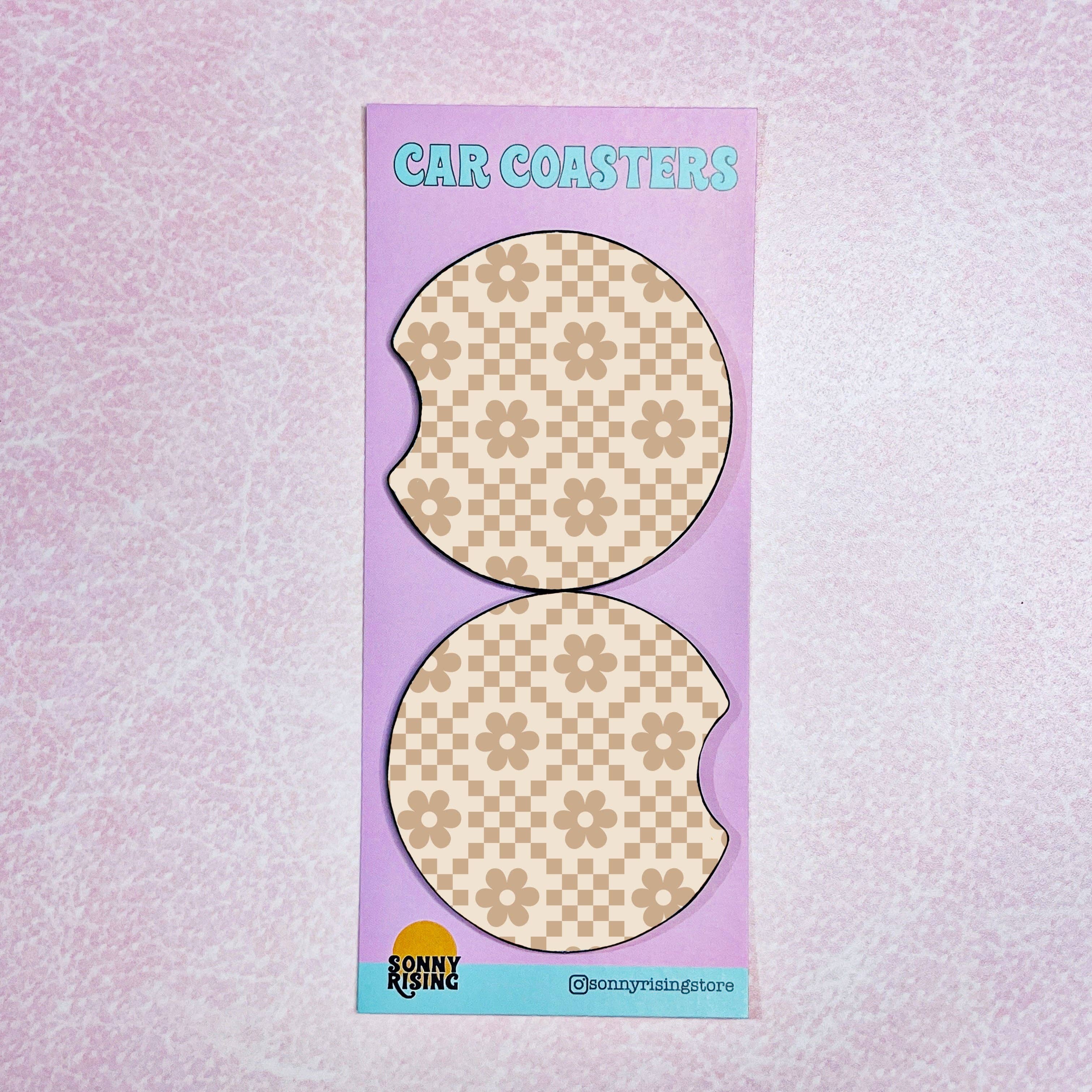 2 Car Coasters, Neutral Checkered Daisy Pattern - Ana Patricia Boutique