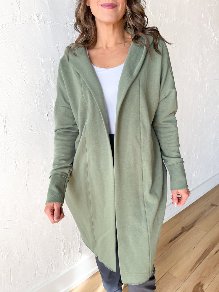 Long Line Open Cardigan- Moss Green