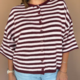 Stripe Short Sleeve Cardigan- Burgundy