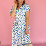 Floral Print Smocked Waist Midi Dress-White/Blue - Ana Patricia Boutique