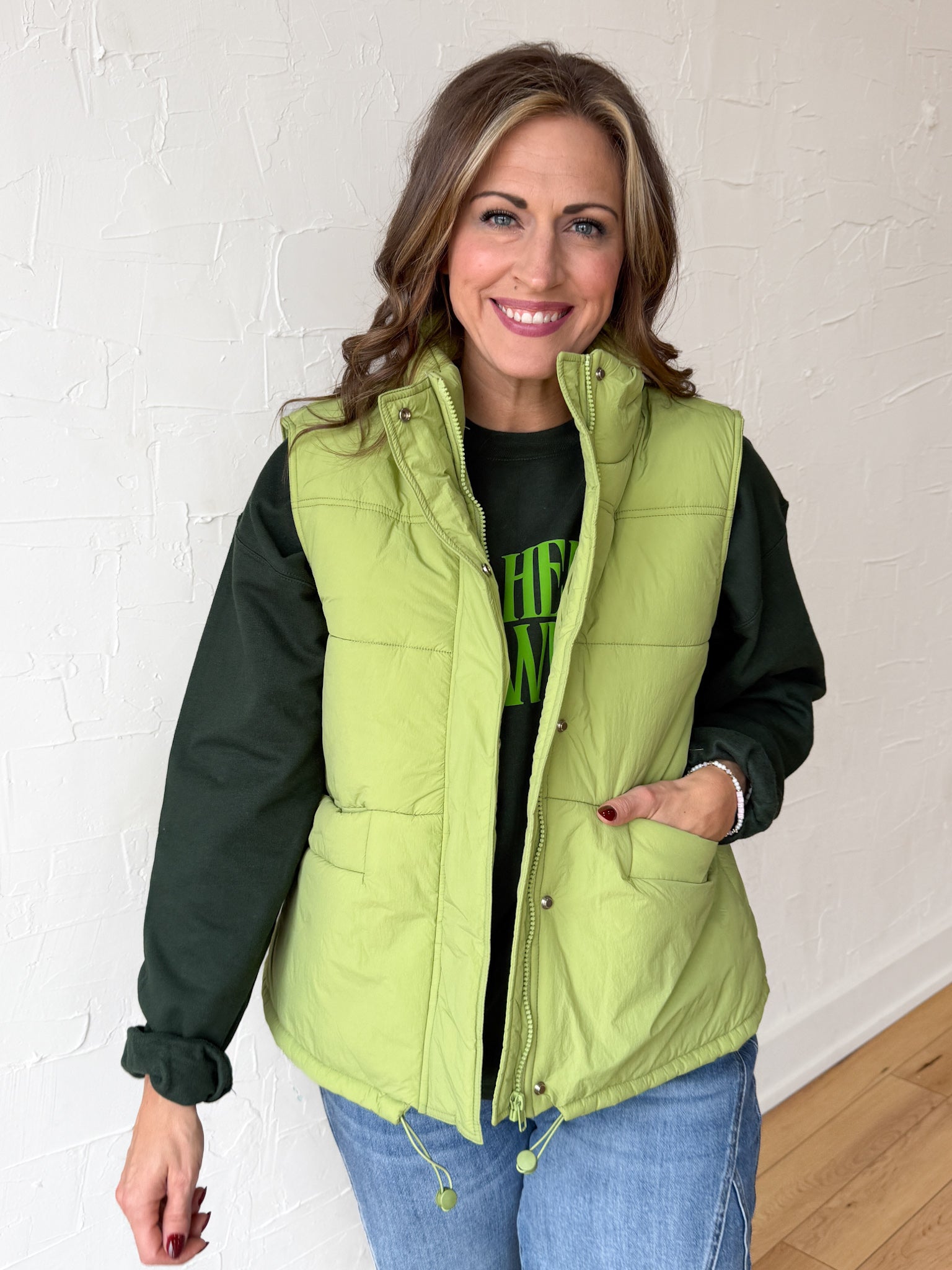 High Collar Padded Vest-Light Green - Ana Patricia Boutique