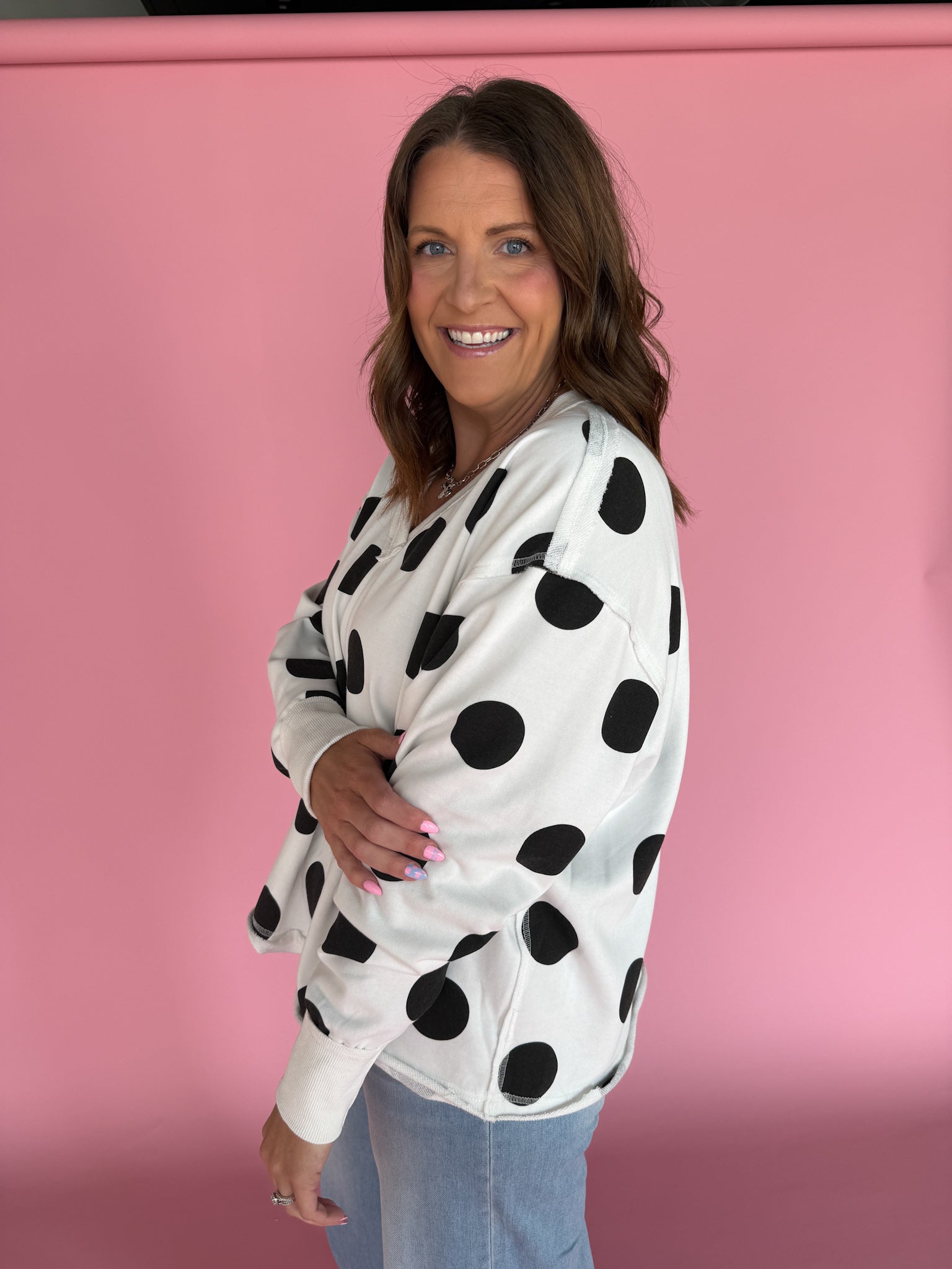 V Neck Polka Dot Pullover-Ivory/Black - Ana Patricia Boutique