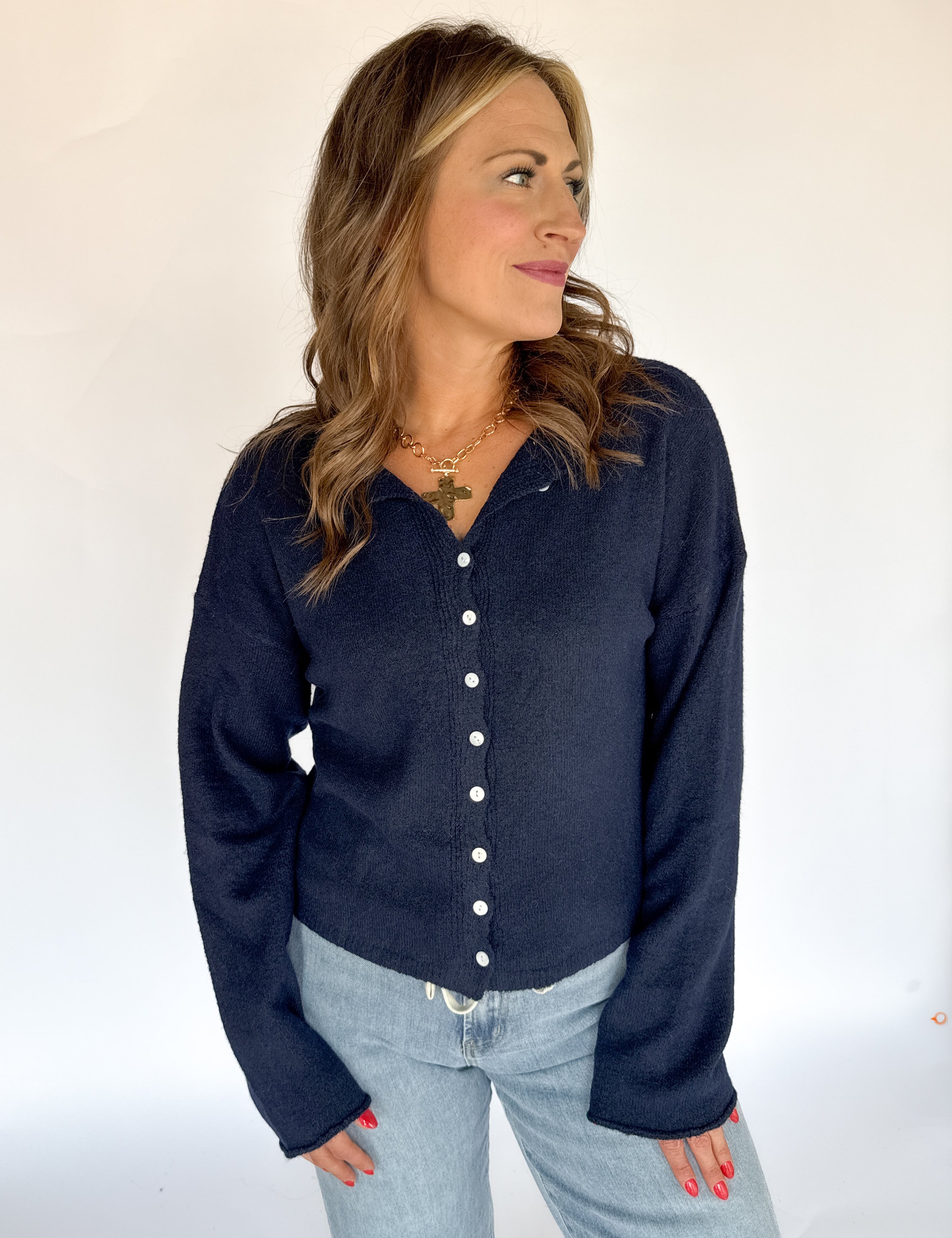 Classic Button Cardigan Top- Navy - Ana Patricia Boutique